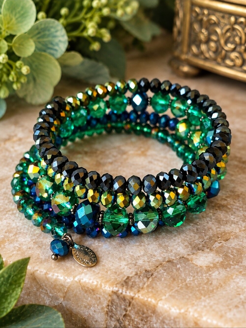 Ali Khan Ali-Khan Crystal Memory Wire Bracelet Midnight Blue Green Stunning